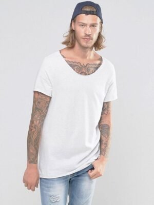 Over Sized White Plain With Deep Large Round Neck T Shirt