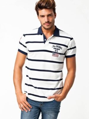 A Classic Style White Color With Blue Lines Polo T Shirt